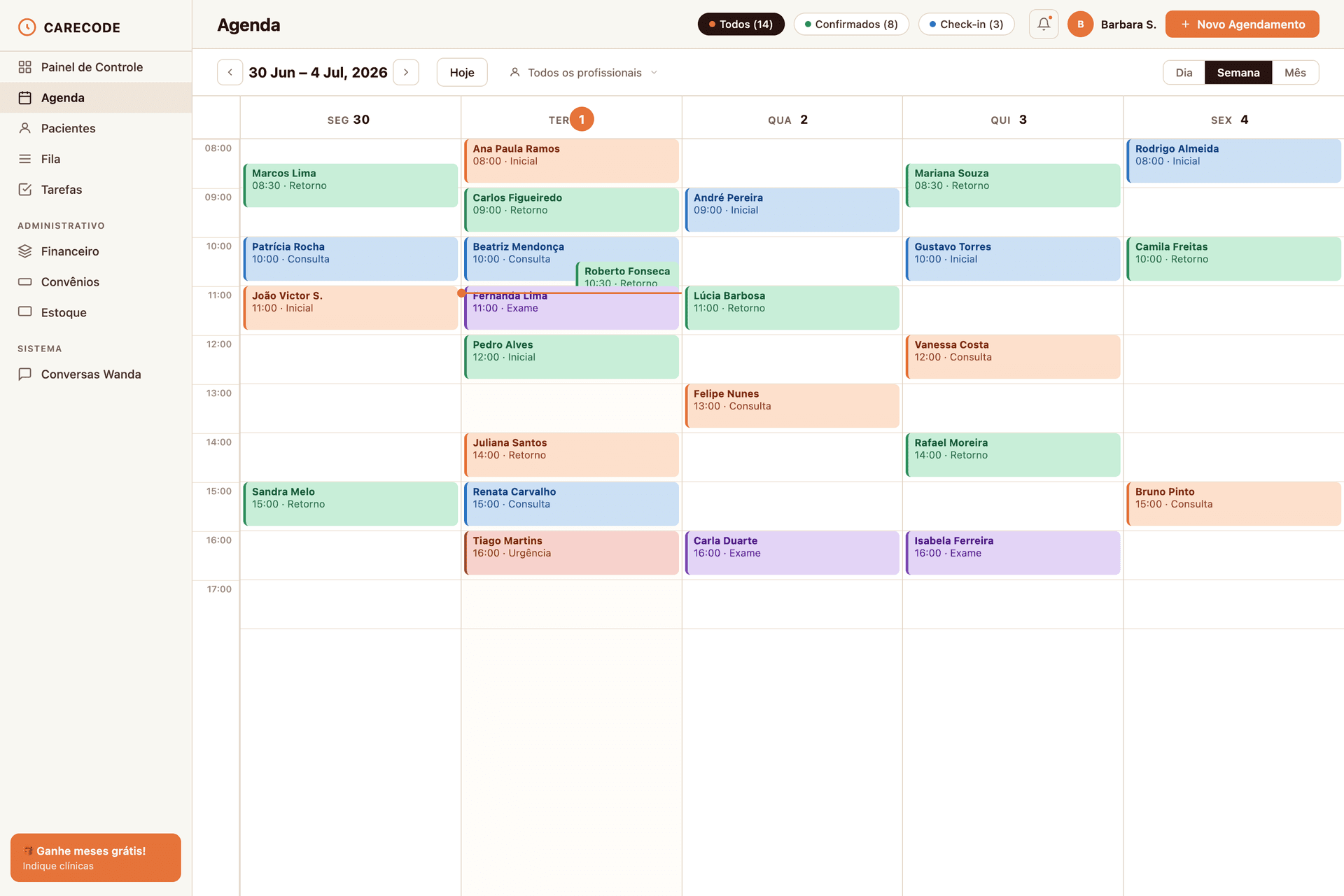 Agenda do sistema Carecode — visualização semanal com agendamentos coloridos por tipo